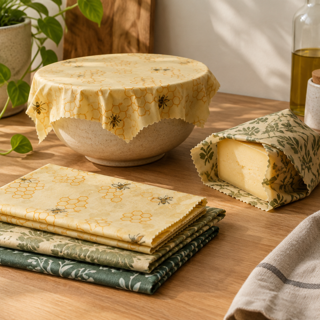Reusable beeswax food wraps wrapped around a bowl and cheese